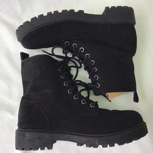 H & M Divided Women Biker Combat Boots Black Faux Suede Lace Up Lug Sole Boot 6